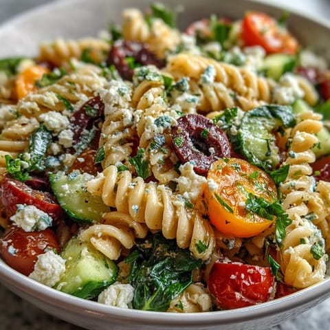 Light and refreshing Summer Slim Greek Pasta Salad with crisp cucumbers, bell peppers, cherry tomatoes, and creamy feta crumbles.  