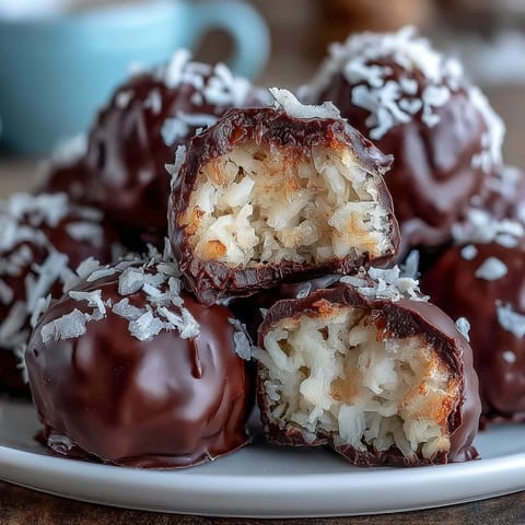 Healthy Chocolate Coconut Bites made with shredded coconut, maple syrup, and dipped in rich dark chocolate for a naturally sweet treat.