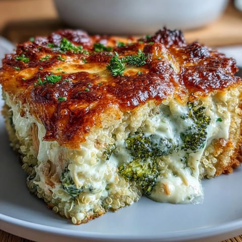 A creamy, cheesy casserole packed with tender chicken, broccoli, and quinoa, baked to golden perfection for a comforting gluten-free dinner.