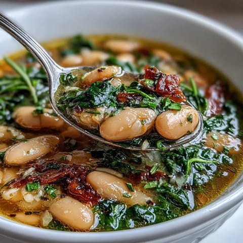 A steaming bowl of Tuscan white bean and spinach soup, garnished with fresh parsley and lemon wedges.  