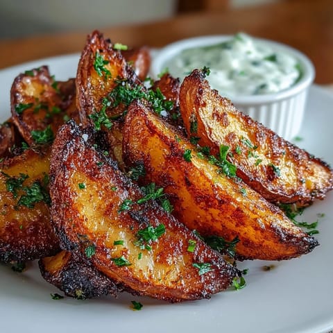 Crunchy air-fried potato wedges with a hint of cornstarch for extra crispiness, paired with tangy sour cream and Greek yogurt dip.  