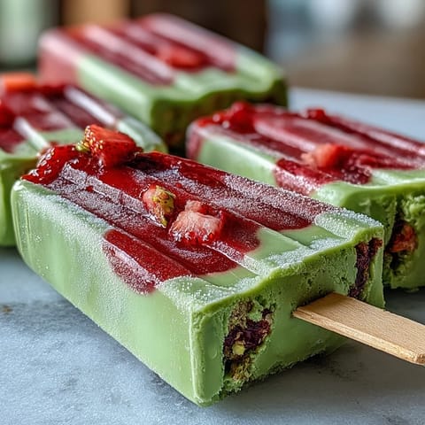 Vibrant strawberry matcha latte popsicles with creamy layers of fresh fruit and earthy green tea.