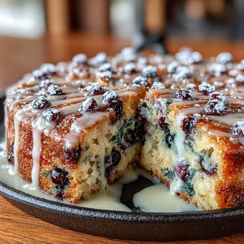 A golden skillet cake with juicy blueberries and lemon zest, topped with a tangy lemon icing drizzle for a bright finish.