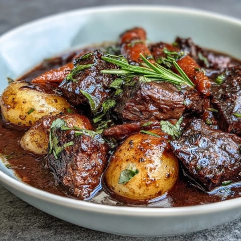 Cozy beef stew with root vegetables simmering in a rich, savory broth, filled with tender beef, carrots, parsnips, and potatoes.