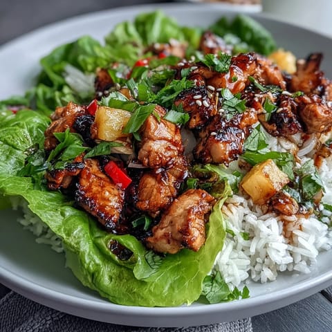 Juicy pineapple chicken and rice wrapped in crisp lettuce leaves for a fresh, tropical dinner.  