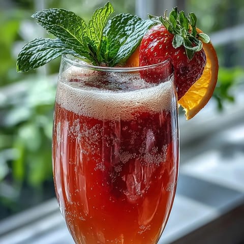 Vibrant strawberry mimosa mocktails in champagne flutes, topped with fresh strawberry slices and mint sprigs.