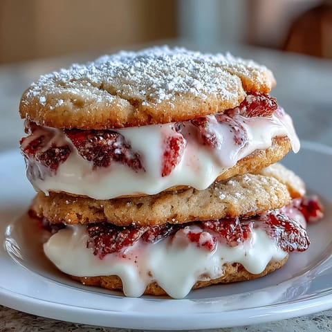 Delicious strawberry shortcake cookies with creamy vanilla filling, fresh diced strawberries nestled between tender, buttery cookies for a perfect summer dessert.