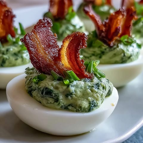 Vibrant green spinach filling transforms classic deviled eggs into a playful, savory appetizer.  