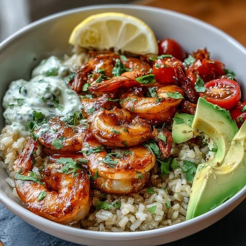 Easy Healthy Lemon Garlic Shrimp Bowls with brown rice and fresh vegetables