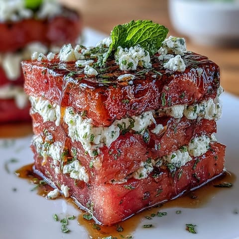 Juicy watermelon cubes paired with creamy feta cheese and fresh mint on skewers, drizzled with olive oil and balsamic glaze for a refreshing appetizer.