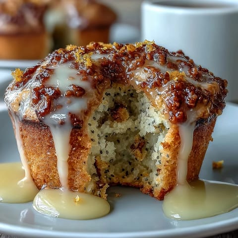 Golden lemon poppy seed muffins with a glossy citrus glaze, perfect for a bright spring brunch table.