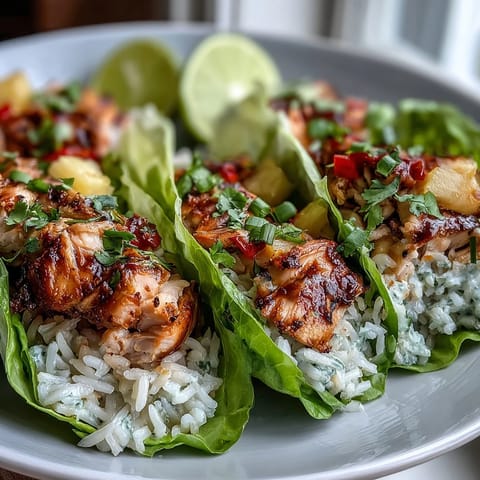 Pineapple Chicken and Rice Lettuce Wraps with juicy chicken, sweet pineapple, and fluffy rice in crisp lettuce leaves.