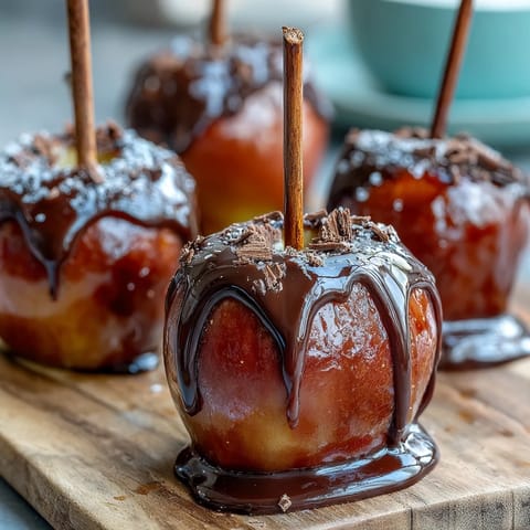 Classic Red Candy Apples with White Chocolate Drizzle glistening on a tray, perfect for festive fall gatherings.