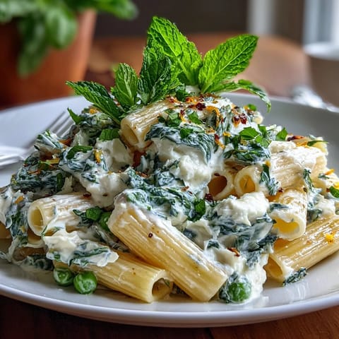 Fresh pea and ricotta pasta with mint, a creamy vegetarian dish with bright spring flavors and Parmesan cheese.