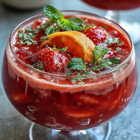 Vibrant strawberry mimosa mocktails with fresh fruit slices and mint garnish, perfect for festive brunch celebrations.