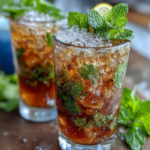 Mini mint julep mocktails served in frosty silver cups with crushed ice and fresh mint sprigs, perfect for Derby Day celebrations.