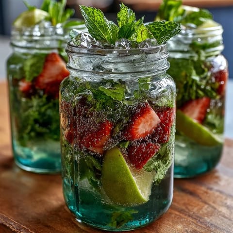 Refreshing spring mojito pitcher with mint, lime, and strawberries, served over ice for a cool, vibrant drink.