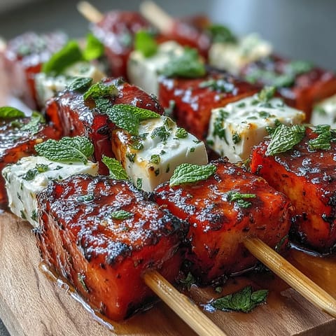 Fresh watermelon feta skewers with mint, drizzled with olive oil for a light summer appetizer.  