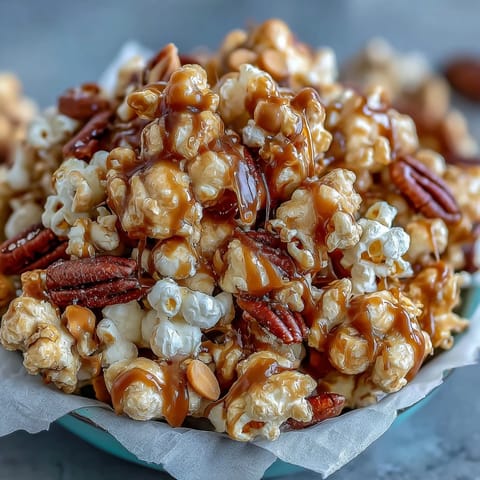 Sweet and salty popcorn mix with roasted peanuts and caramel drizzle, perfect for baseball season snacks and game day gatherings.  