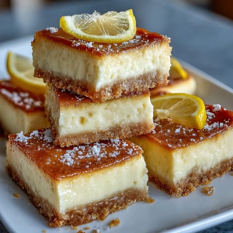 Creamy limoncello cheesecake bars with buttery graham cracker crust, dusted with powdered sugar for a bright, citrusy dessert.