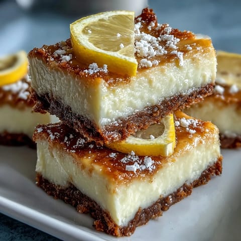 Zesty limoncello cheesecake bars over golden graham cracker crust, topped with fresh lemon zest for a refreshing summer treat.