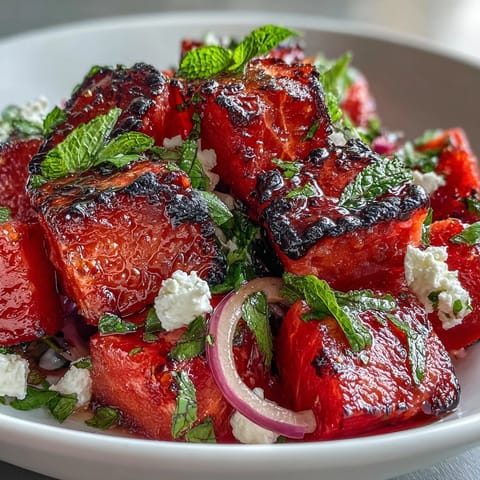 Grilled watermelon salad with feta and mint, featuring juicy caramelized melon and creamy cheese crumbles.
