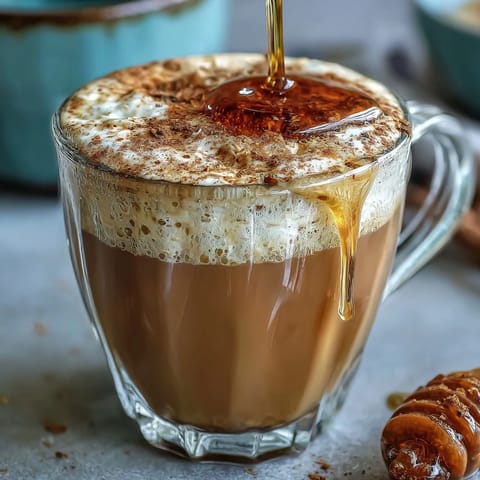 A creamy oat milk dandelion tea latte sweetened with honey, served warm in a cozy mug.