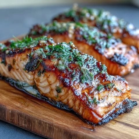 Cedar Plank Salmon with Lemon Dill grilled to perfection, smoky aroma rising from the cedar plank with fresh herbs and citrus slices.