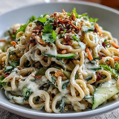 Cold sesame noodle bowl with cucumber, vibrant julienned veggies, and sesame sauce on chilled noodles.  