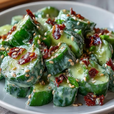 Smashed Cucumber Salad with Garlic and Chili Oil, a refreshing Asian-inspired dish bursting with tangy flavor.  