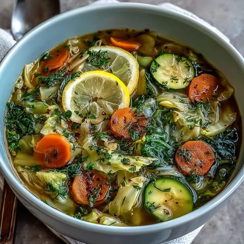 A steaming bowl of vibrant Spring Detox Cabbage Soup with fresh herbs and lemon slices on the side.