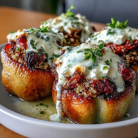 Colorful bell peppers stuffed with quinoa, roasted vegetables, and creamy goat cheese, baked until tender and golden.