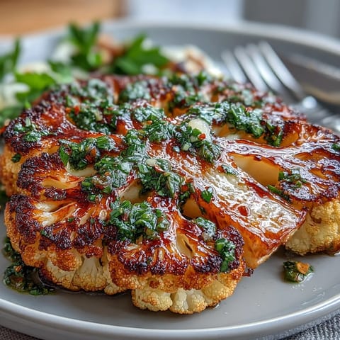 Charred BBQ Cauliflower Steaks, topped with vibrant, rustic chimichurri sauce, ready to eat.