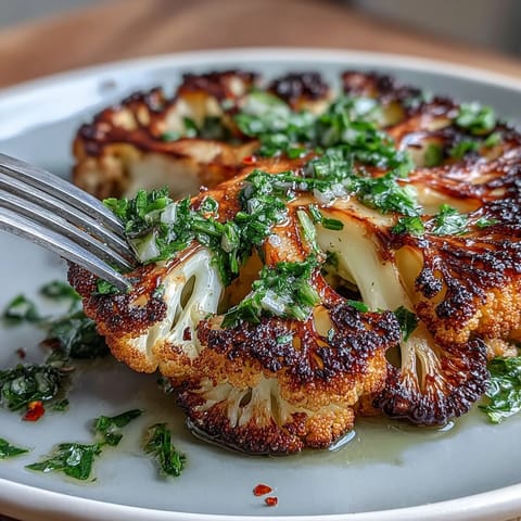 BBQ Cauliflower Steaks with Chimichurri, smoky and grilled, drizzled with fresh herbs.