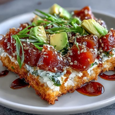 Vibrant crispy rice salad with spicy tuna and creamy avocado atop golden squares.