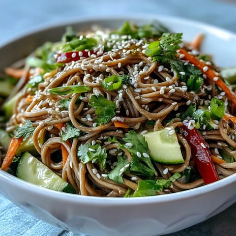 Cold soba noodle salad with sesame ginger dressing, a vibrant, chilled, and refreshing Asian-inspired dish.