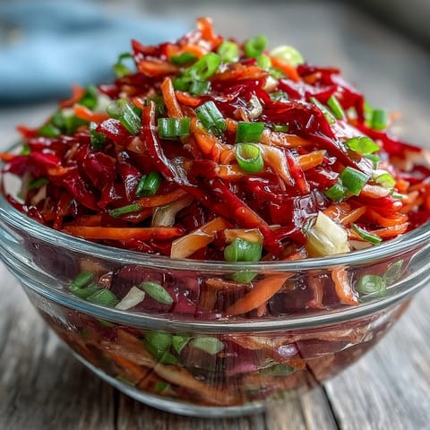 Vibrant red cabbage slaw, a crunchy, fresh side dish, ideal for summer picnics.
