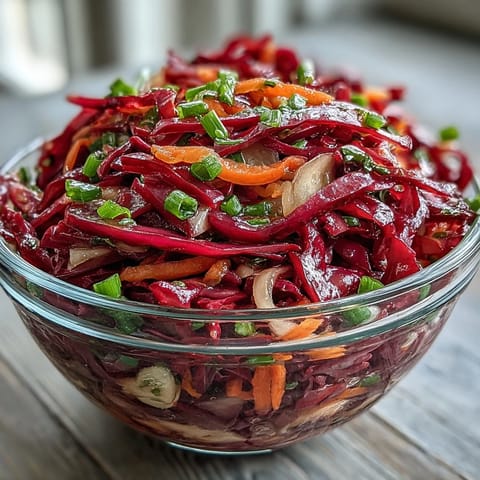 Colorful, tangy red cabbage slaw tossed with carrots, a refreshing easy side.
