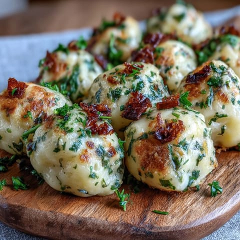 Soft German Potato Dumplings nestled in rich brown gravy, ready for dinner.