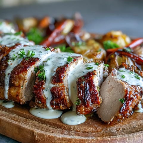 Tender pork roast golden brown, drizzled with creamy Dijon mustard sauce.
