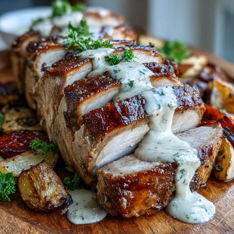 Succulent roasted pork loin with rich, velvety mustard sauce and tender vegetables.