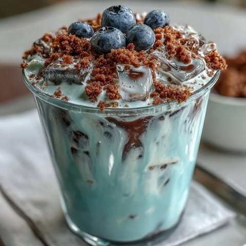 Blueberry Muffin Cold Foam Iced Coffee topped with sweet crumble, a creamy breakfast treat.