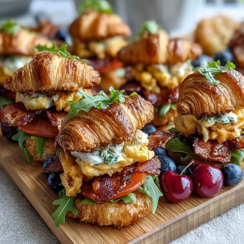 Savory breakfast grazing board with mini croissant sandwiches, a colorful brunch spread.