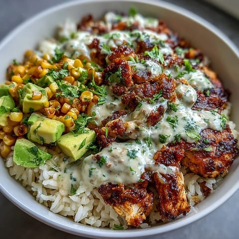 Vibrant Street Corn Chicken Rice Bowls bursting with creamy sauce and fresh cilantro.