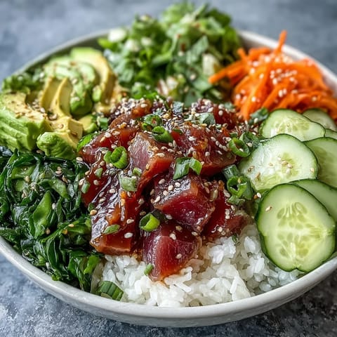 Colorful canned tuna poke bowl with avocado and cucumber, ready to eat.