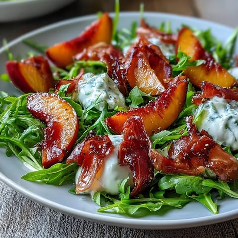 Creamy burrata, sweet peaches, and salty prosciutto on arugula in a Peach Burrata Prosciutto Salad.