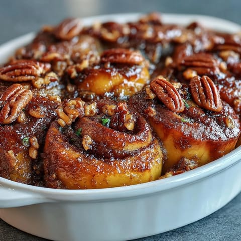 Warm Peach Cobbler Cinnamon Roll Casserole bubbling with gooey peaches.
