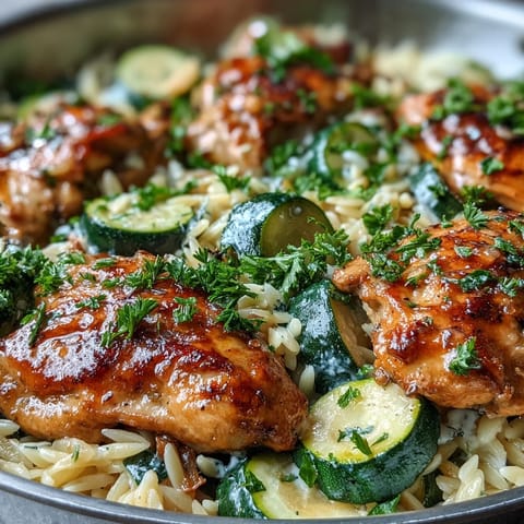 Golden lemon chicken and zucchini orzo in a bright, saucy one-pan dish.