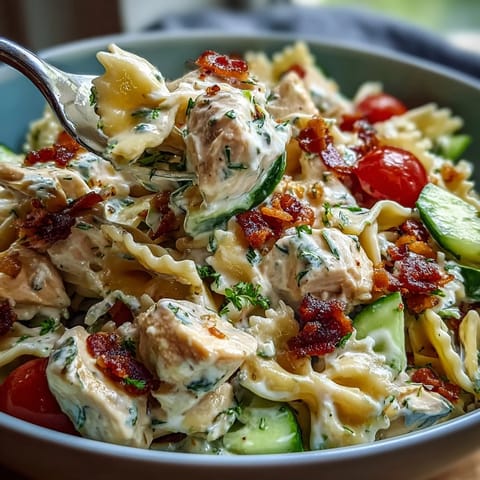 Creamy Chicken Bacon Ranch Pasta Salad brimming with fresh veggies and savory bacon.