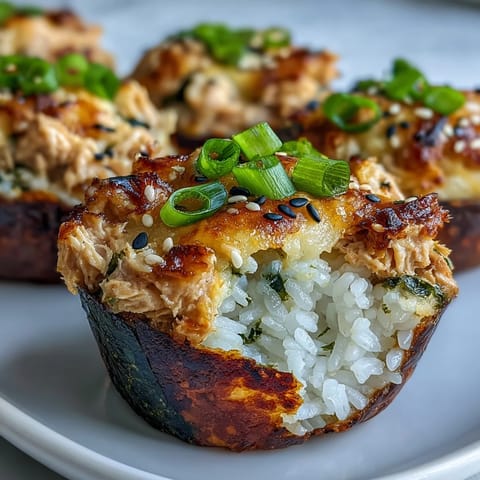 Golden baked tuna sushi bake cups topped with melty cheese and crispy crumbs.